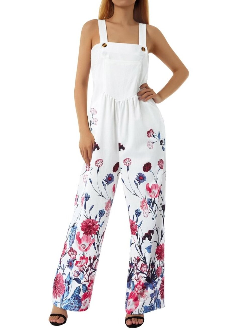 Blotona Women's Sleeveless Wide-Leg Pink & Blue Floral Linen Jumpsuit SIze L